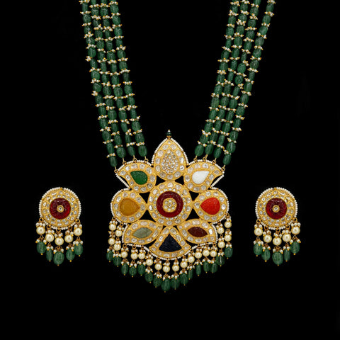 Heritage Bloom Gold Navratna Polki Pendant Set