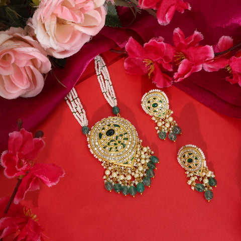 Polki & Glass-Filled Emerald Pearl String Pendant Set