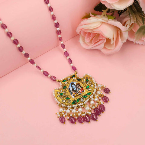 Lord Shiva and Parvati Pendant with Polki and Pearls Necklace
