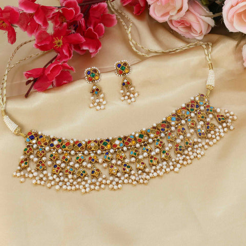 Chanchala Navratna Gold Chocker Necklace Set