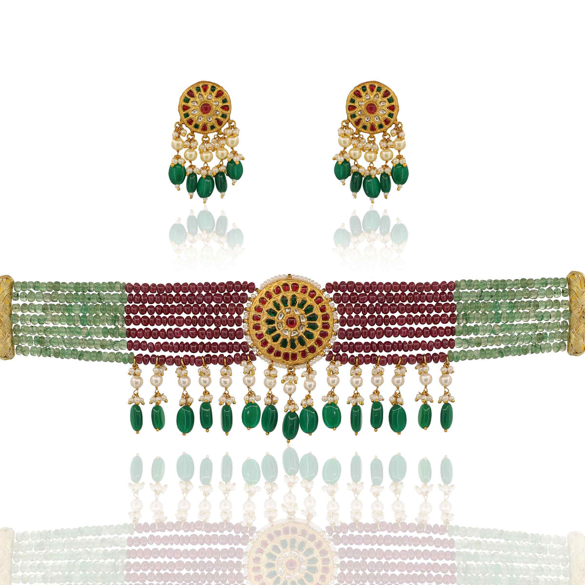 Vibrant Ruby, Emerald, and Polki Diamond Statement Choker