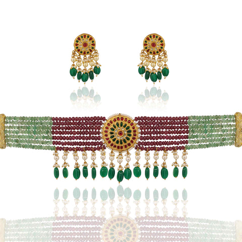 Vibrant Ruby, Emerald, and Polki Diamond Statement Choker