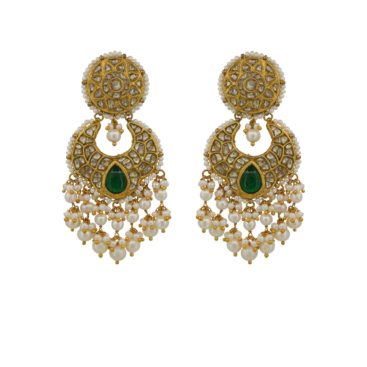 Gold Thappa Chandbali with Syndicate Polki, Pearl & Emerald