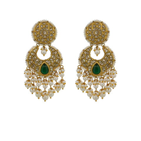 Gold Thappa Chandbali with Syndicate Polki, Pearl & Emerald