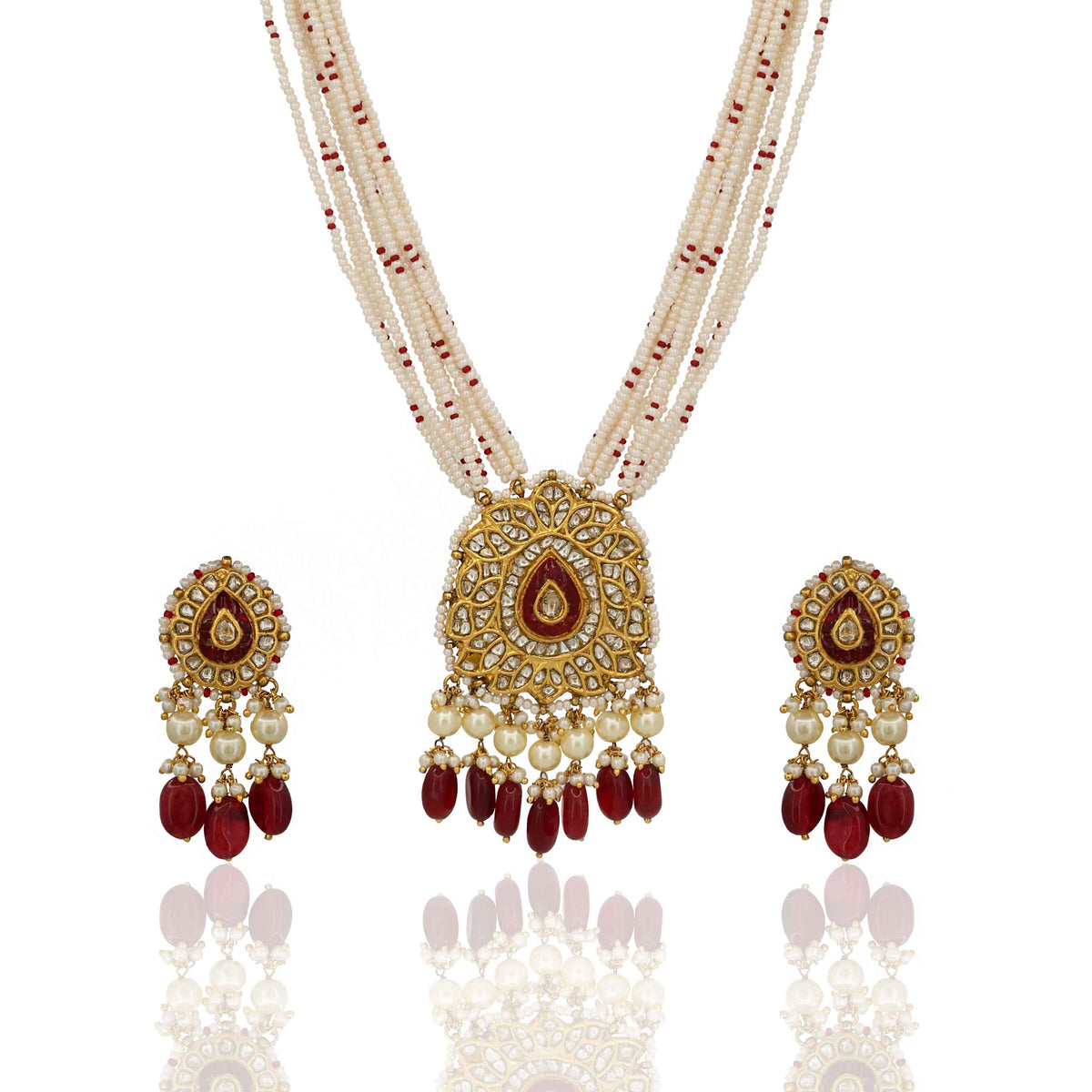 Polki Diamond & Ruby Glass Filling Pendant Set