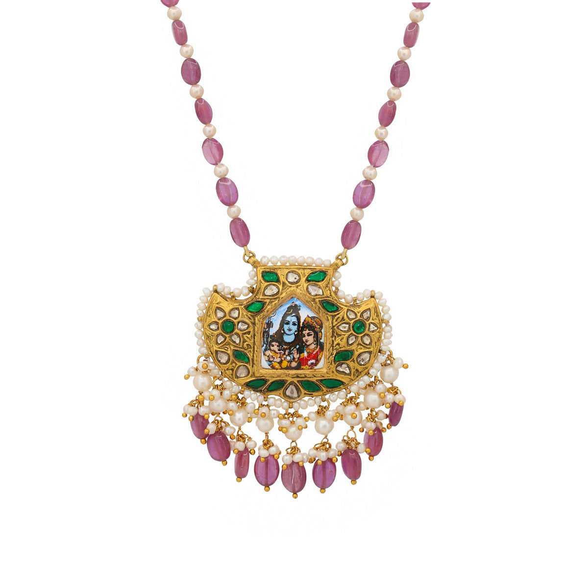 Lord Shiva and Parvati Pendant with Polki and Pearls Necklace