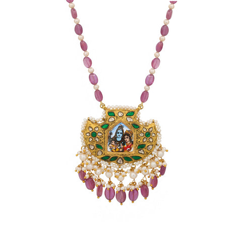 Lord Shiva and Parvati Pendant with Polki and Pearls Necklace