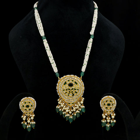 Polki & Glass-Filled Emerald Pearl String Pendant Set
