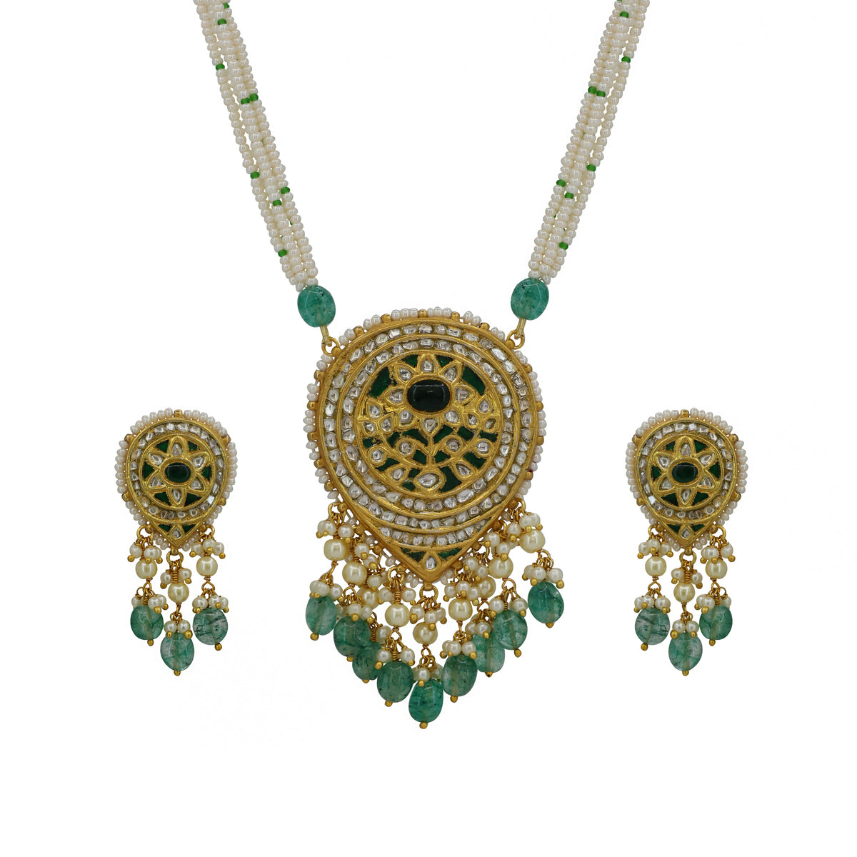 Polki & Glass-Filled Emerald Pearl String Pendant Set