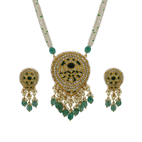 Polki & Glass-Filled Emerald Pearl String Pendant Set