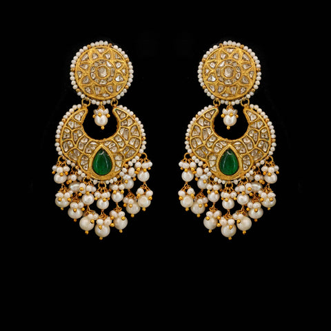 Gold Thappa Chandbali with Syndicate Polki, Pearl & Emerald