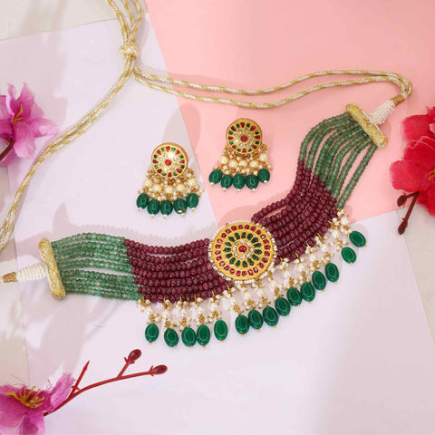 Vibrant Ruby, Emerald, and Polki Diamond Statement Choker