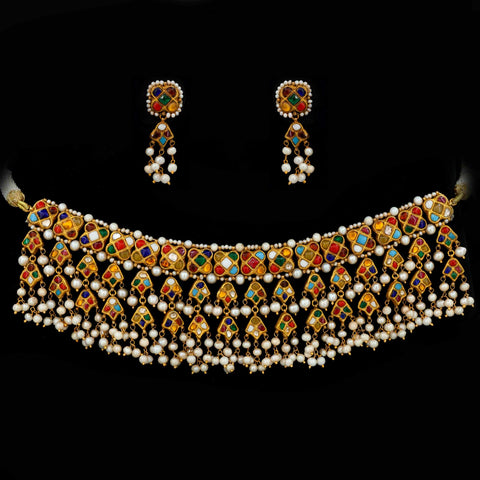 Chanchala Navratna Gold Chocker Necklace Set