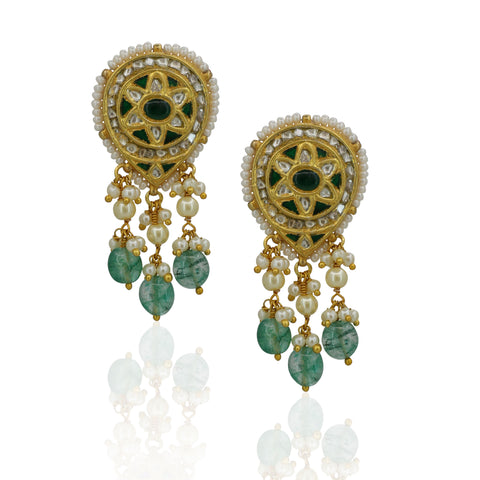 Polki & Glass-Filled Emerald Pearl String Pendant Set