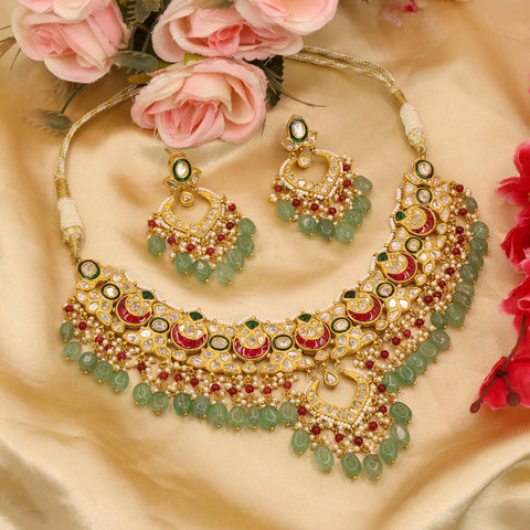 Unique Designed Glass-Filled Ruby & Emerald Stringed Polki Necklace Set