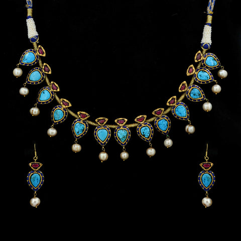 Royal Turquoise Kundan Meena Necklace Set
