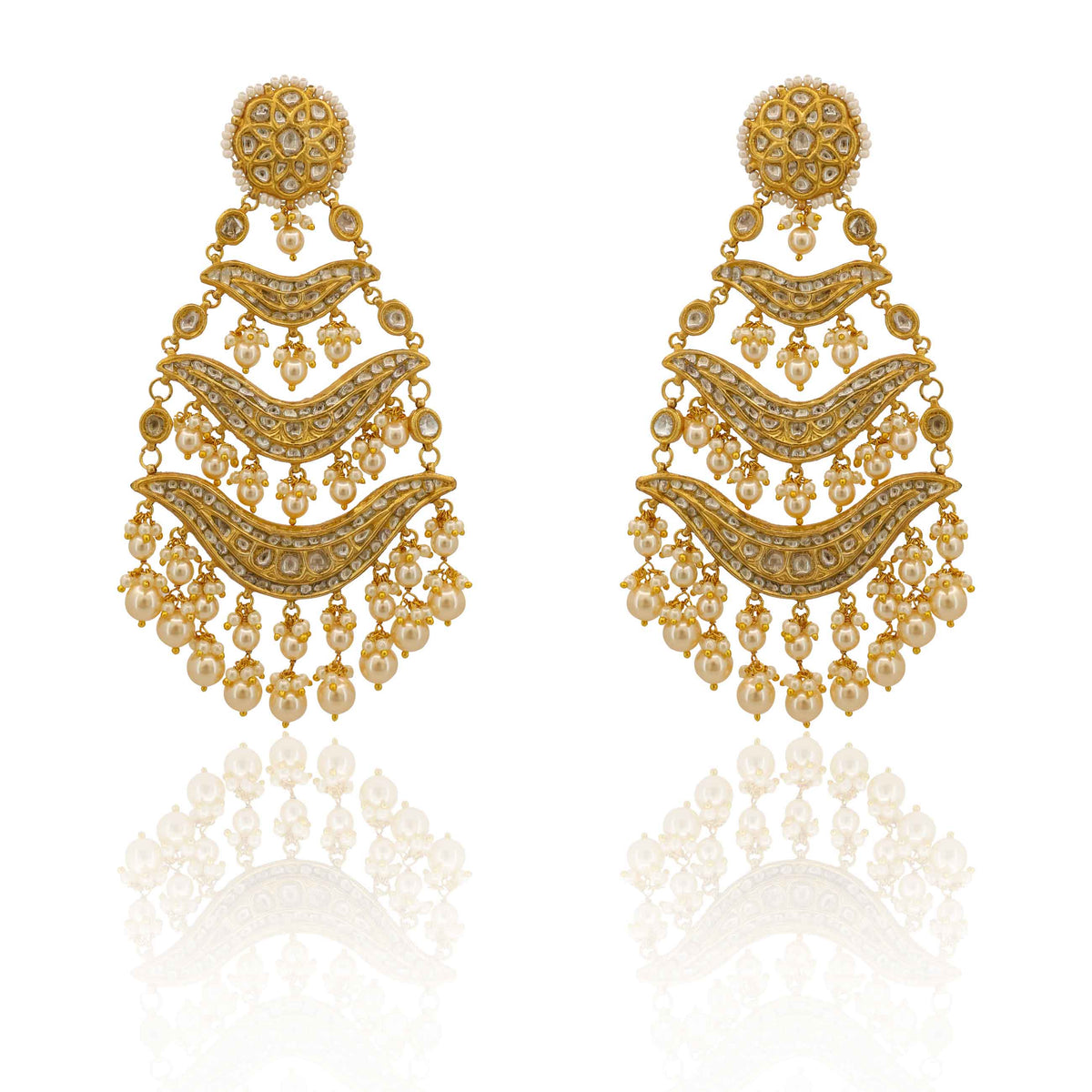 Grand Wedding Polki Diamond and Pearl String Chandbaali