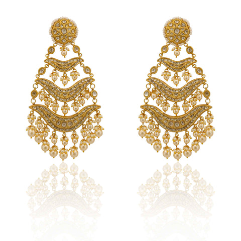 Grand Wedding Polki Diamond and Pearl String Chandbaali