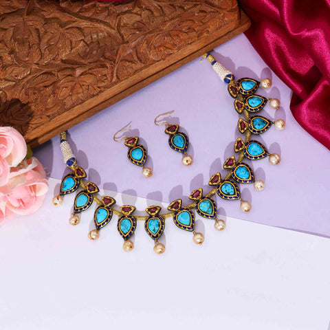 Royal Turquoise Kundan Meena Necklace Set