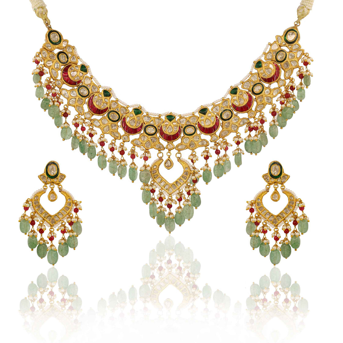 Unique Designed Glass-Filled Ruby & Emerald Stringed Polki Necklace Set