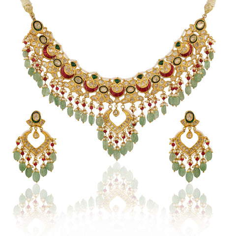 Unique Designed Glass-Filled Ruby & Emerald Stringed Polki Necklace Set