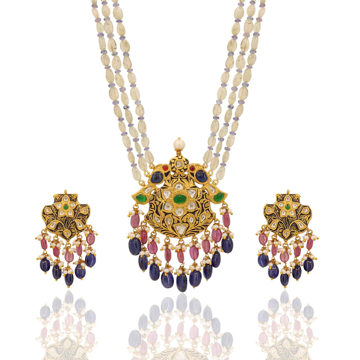 Polki Diamond & Multi-Colored Gemstone Pendant Set