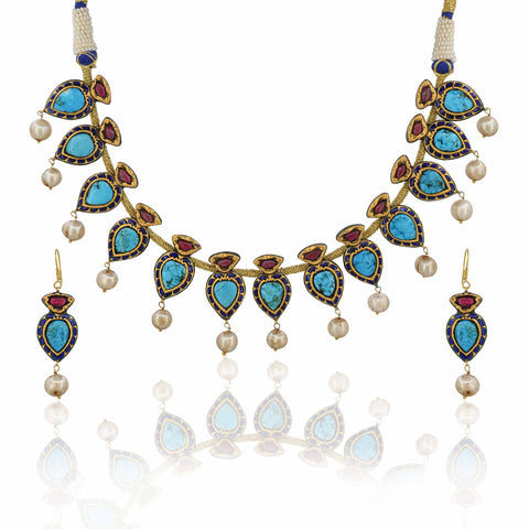 Royal Turquoise Kundan Meena Necklace Set