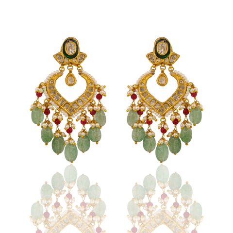 Unique Designed Glass-Filled Ruby & Emerald Stringed Polki Necklace Set