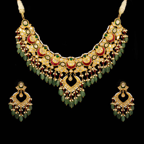 Unique Designed Glass-Filled Ruby & Emerald Stringed Polki Necklace Set