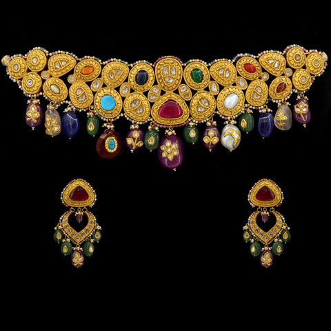 Rangratna Polki Set, Gold Chocker Necklace Set