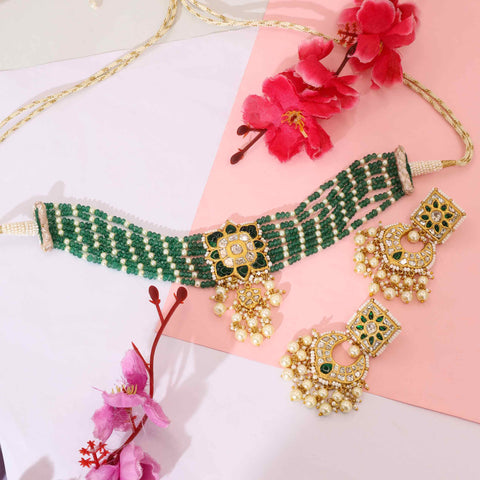 Gold Syndicate Polki & Green Emerald Bead Choker Set