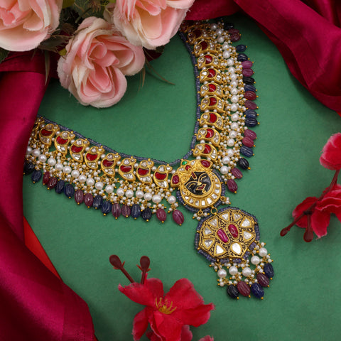 Shrinathji Heritage Gold Necklace with Syndicate Polki, Ruby Glass Fill & Tanzanite Beads