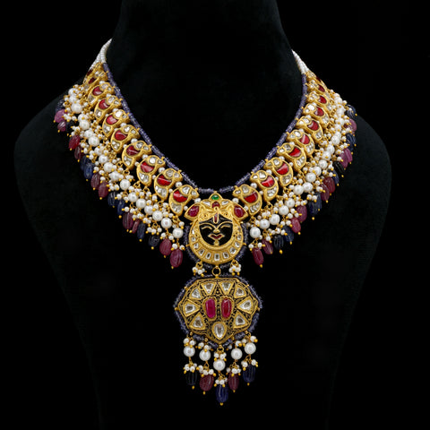 Shrinathji Heritage Gold Necklace with Syndicate Polki, Ruby Glass Fill & Tanzanite Beads