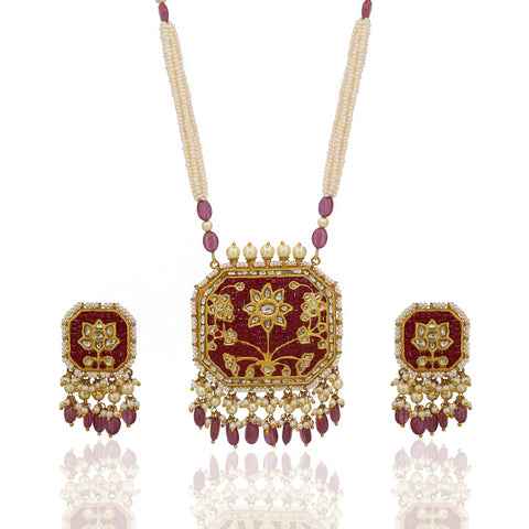 Traditional Uncut Diamond Polki Floral Pendant Set