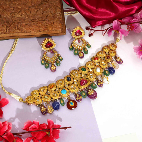 Rangratna Polki Set, Gold Chocker Necklace Set