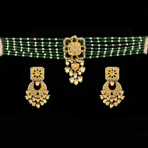 Gold Syndicate Polki & Green Emerald Bead Choker Set