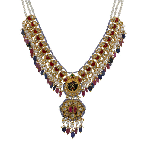 Shrinathji Heritage Gold Necklace with Syndicate Polki, Ruby Glass Fill & Tanzanite Beads