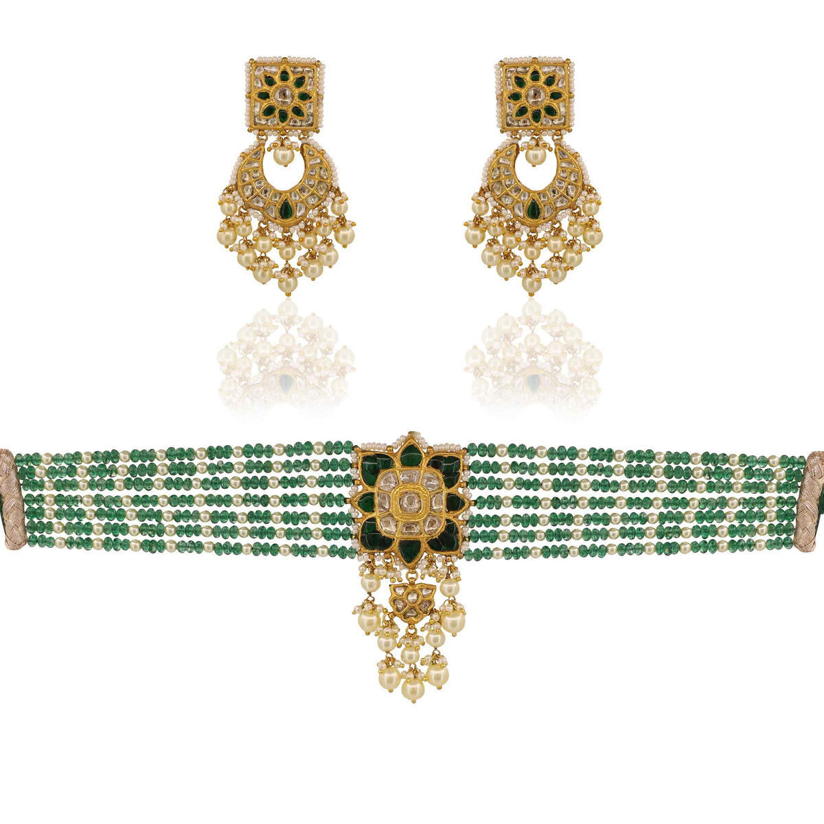 Gold Syndicate Polki & Green Emerald Bead Choker Set