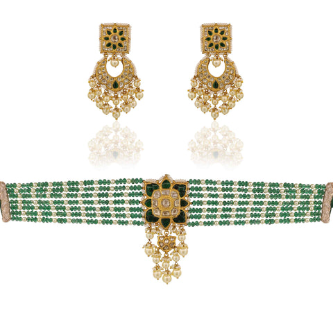 Gold Syndicate Polki & Green Emerald Bead Choker Set