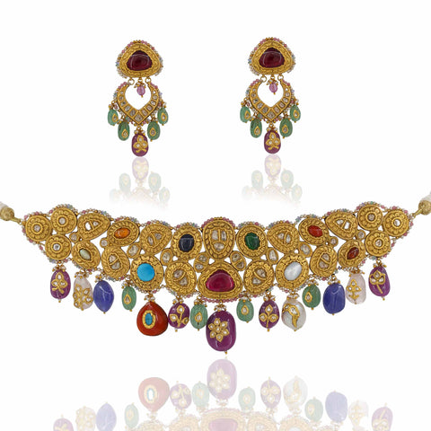 Rangratna Polki Set, Gold Chocker Necklace Set