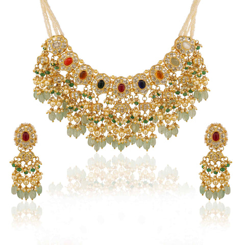 Bridal Navratna Collar Necklace Set