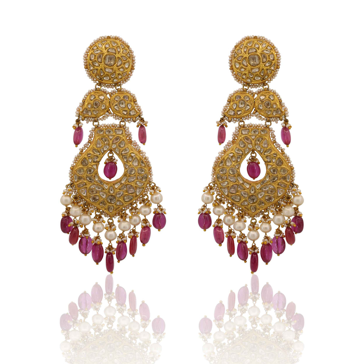 Long Polki Diamond & Ruby Chandbaali Earrings