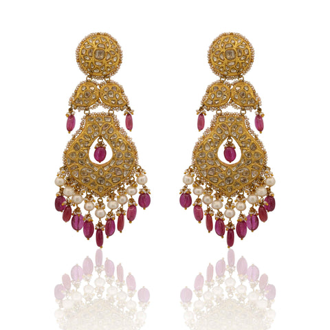 Long Polki Diamond & Ruby Chandbaali Earrings