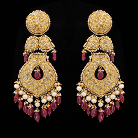 Long Polki Diamond & Ruby Chandbaali Earrings