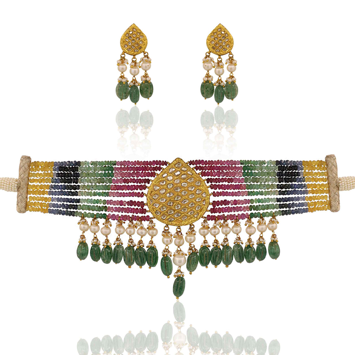 Polki Diamond Choker Set with Multi-Color Sapphire & Emerald Beads
