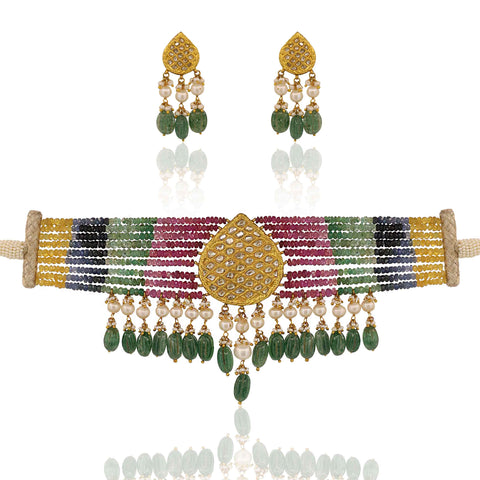 Polki Diamond Choker Set with Multi-Color Sapphire & Emerald Beads