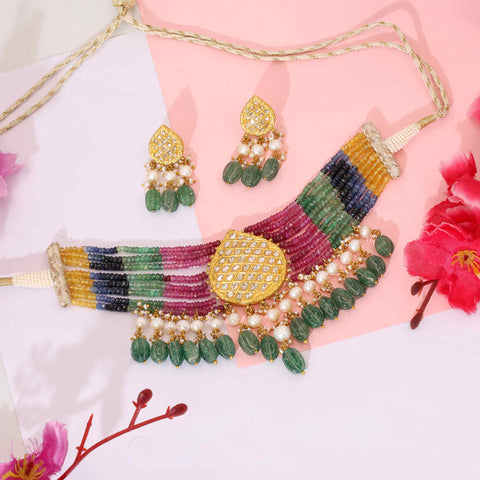 Polki Diamond Choker Set with Multi-Color Sapphire & Emerald Beads