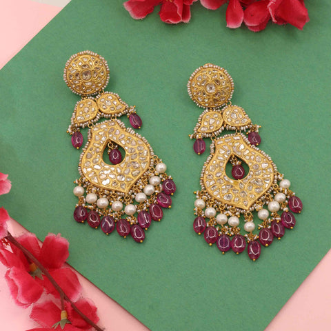 Long Polki Diamond & Ruby Chandbaali Earrings