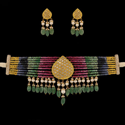Polki Diamond Choker Set with Multi-Color Sapphire & Emerald Beads