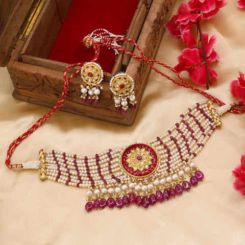 Polki Diamond & Ruby Glass Filling Choker Necklace Set